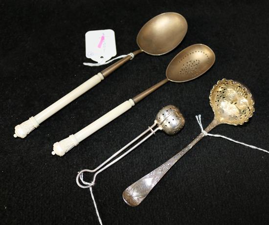 George III embossed silver sifter spoon, 2 Vict engraved silver gilt spoons with ivory handles and silver tea infuser